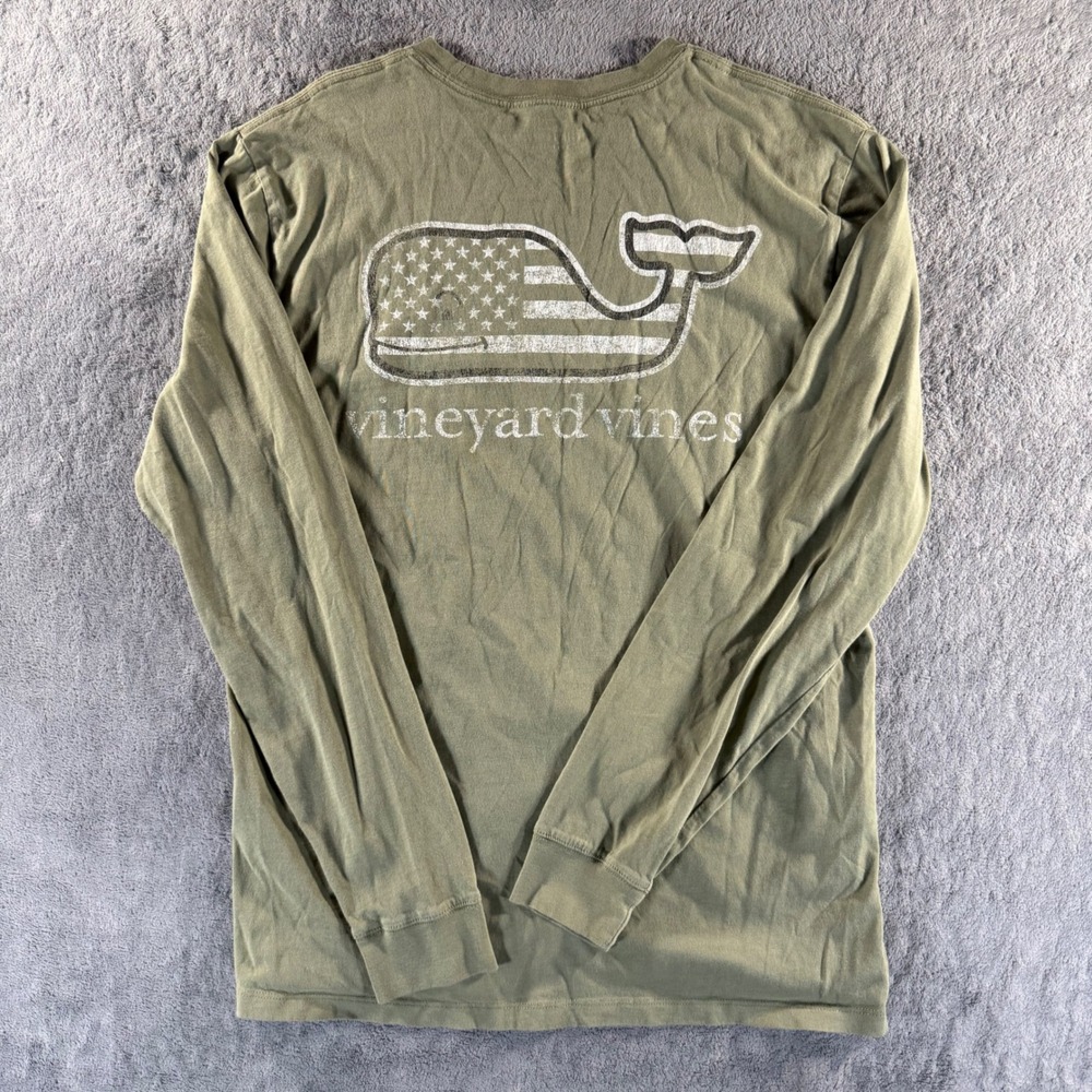 Vineyard Vines Long Sleeve Shirt Mens S Green Excellent USA Flag Whale Graphic